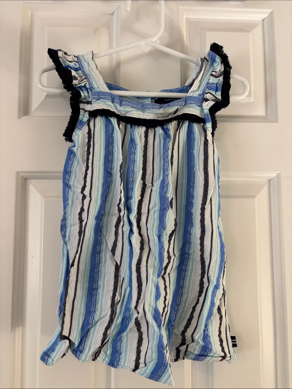 Nautica Blue, White & Black Striped Ruffle-Trim Tank Dress